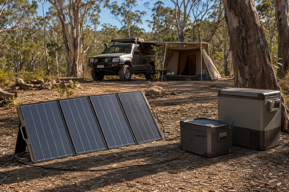 Camping battery and solar panels powering a fridge at a bush campsite