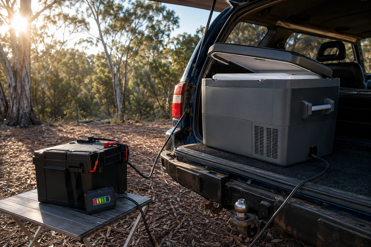Portable camping fridge connected to an auxiliary battery at an Australian bush campsite