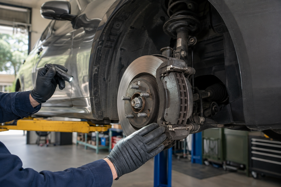 Mechanic inspecting a car brake rotor and caliper after removing the front wheel
