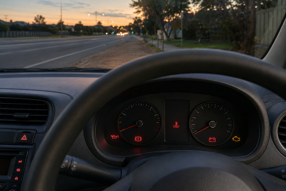 Red and amber warning lights illuminated on a parked car dashboard