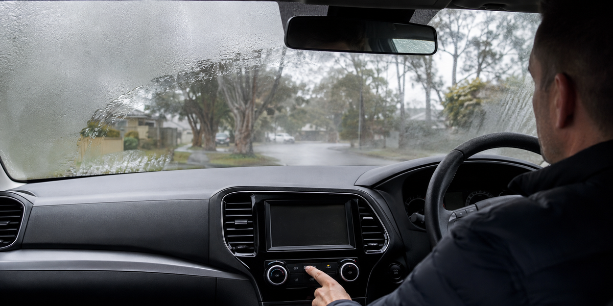 Driver using the demister to clear condensation from a car windscreen on a rainy Australian morning