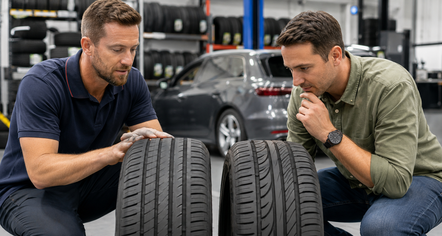 Australian driver comparing cheap and premium car tyres with a tyre technician