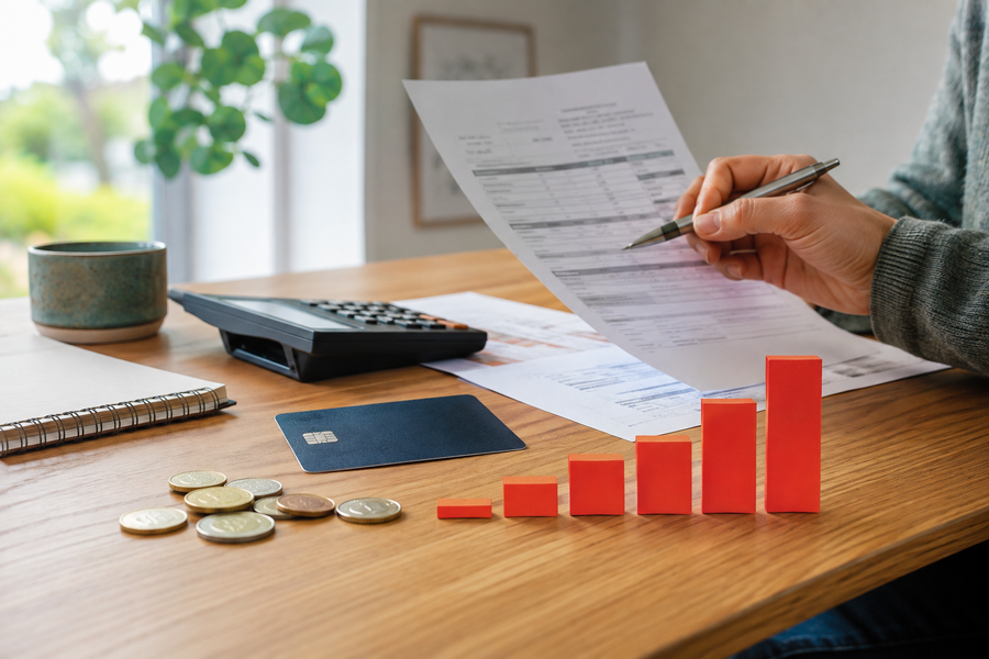 Person reviewing credit card statements beside a calculator and rising balance chart