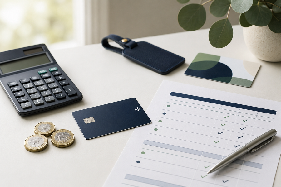 Credit card beside a calculator, Australian coins and a benefits comparison sheet