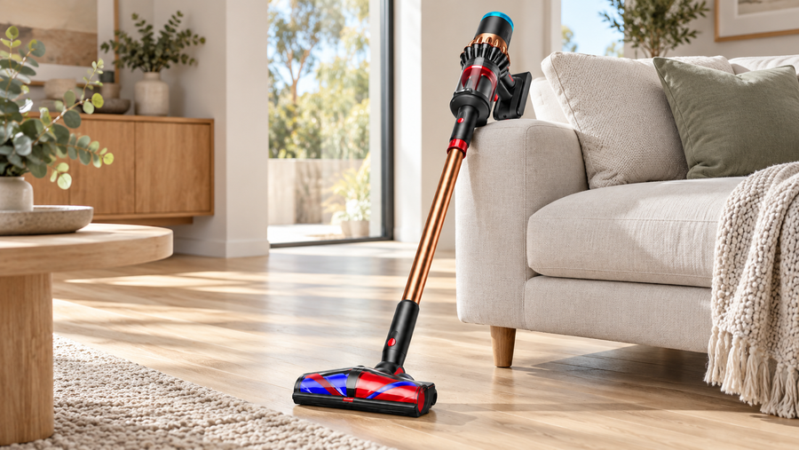 Dyson V16 Piston Animal cordless vacuum beside a neutral sofa on timber flooring.