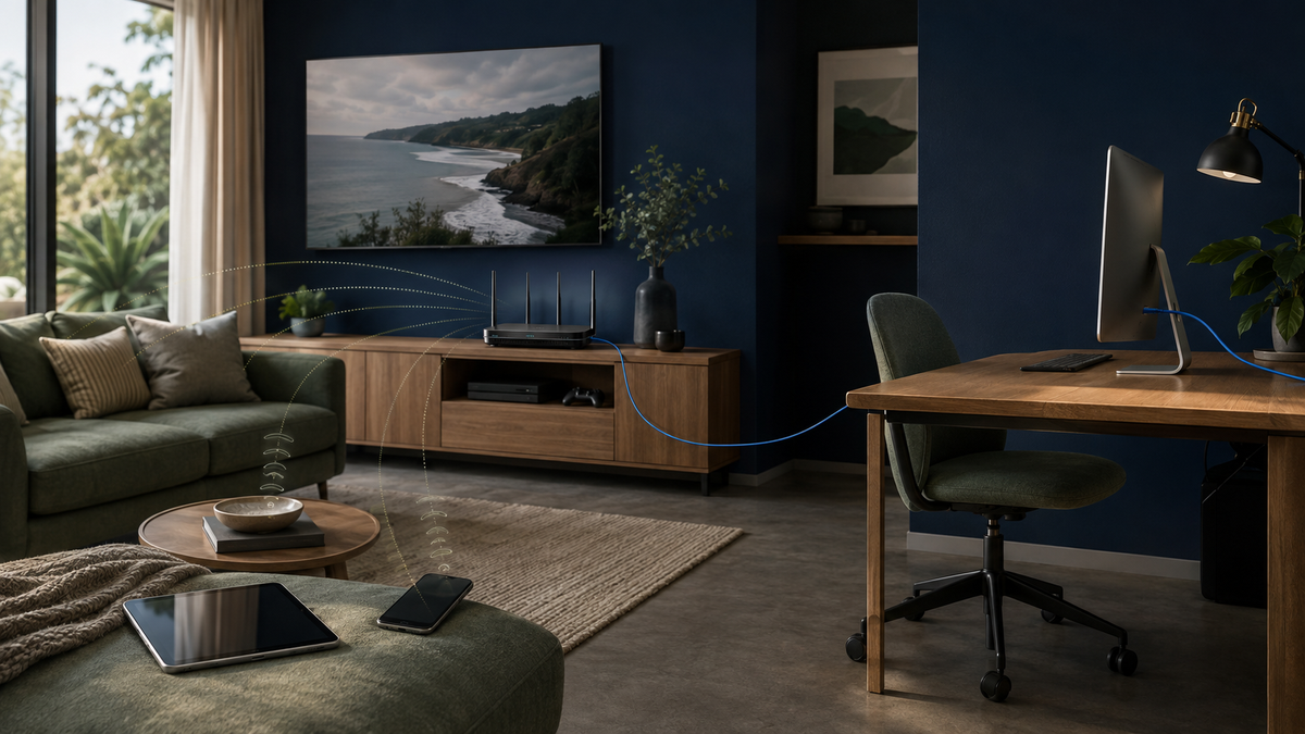 Ethernet-connected computer and wireless devices in a modern Australian home