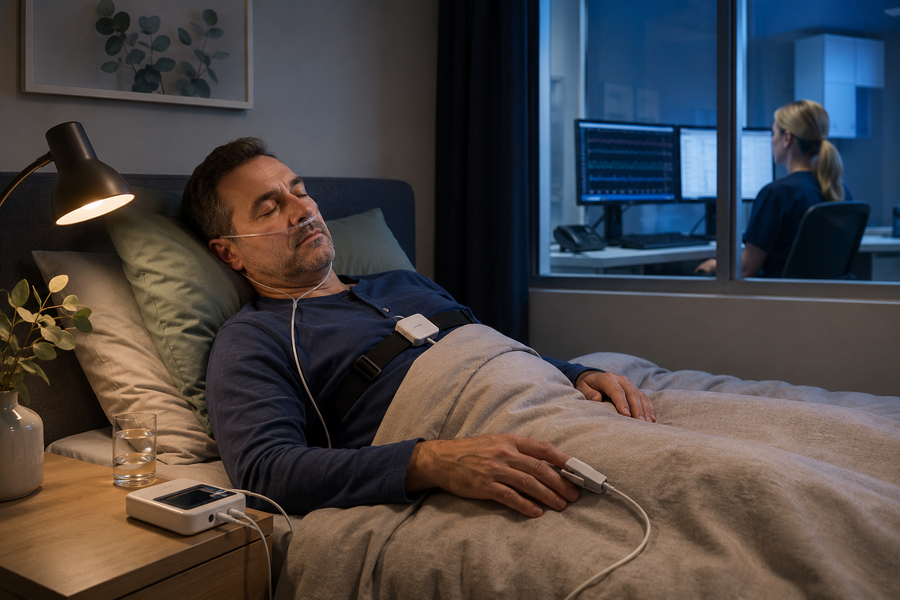 Adult undergoing a sleep apnoea test while a sleep scientist monitors the recording