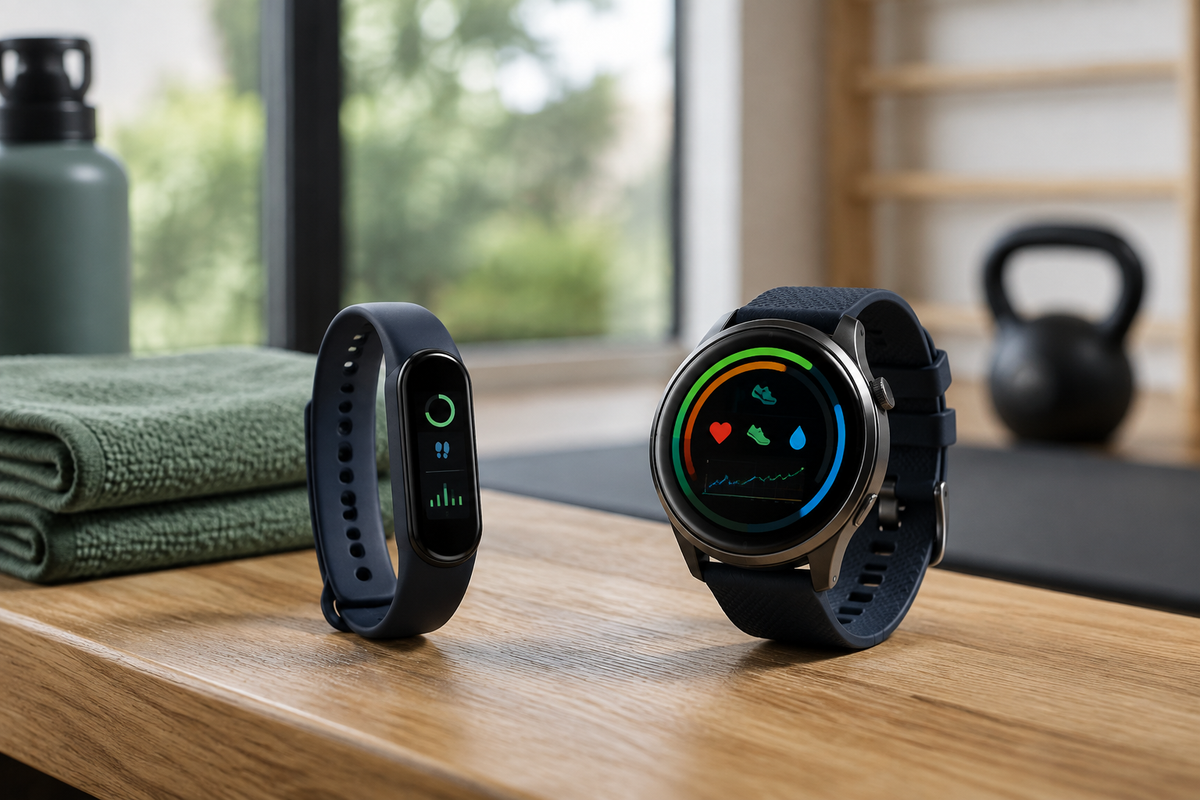 Fitness tracker and smartwatch displayed side by side in a home gym
