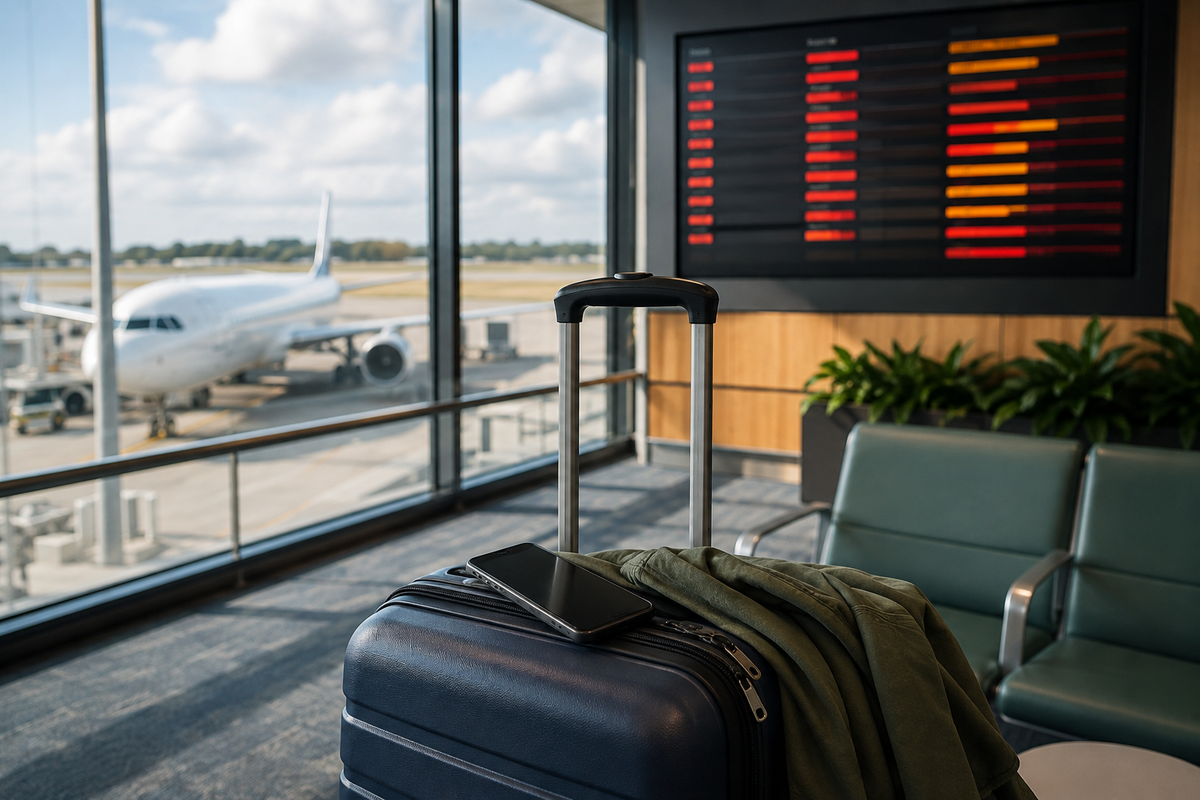 Suitcase and smartphone at an airport gate beside a disrupted flight display