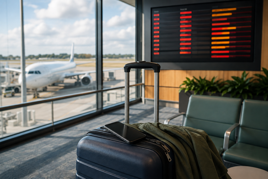 Suitcase and smartphone at an airport gate beside a disrupted flight display