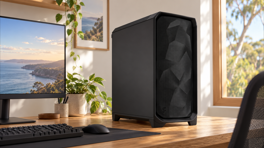 Black Fractal Design Meshify 3 case on a timber desk beside a monitor and keyboard.