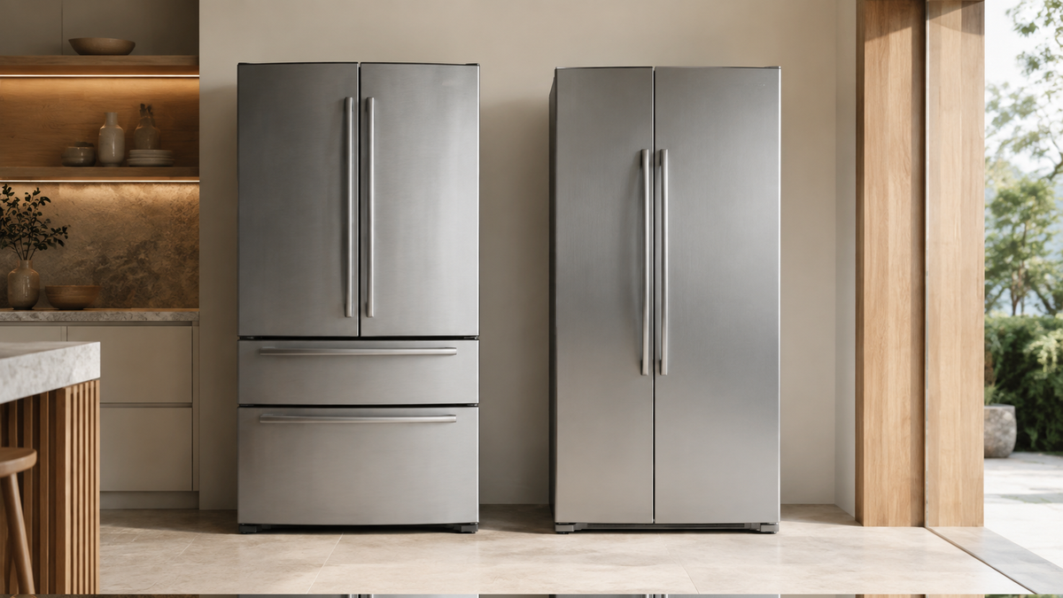 French-door and side-by-side stainless-steel fridges displayed together in a modern kitchen.