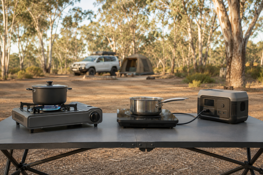 Portable gas stove and induction cooker connected to a power station at an Australian bush campsite