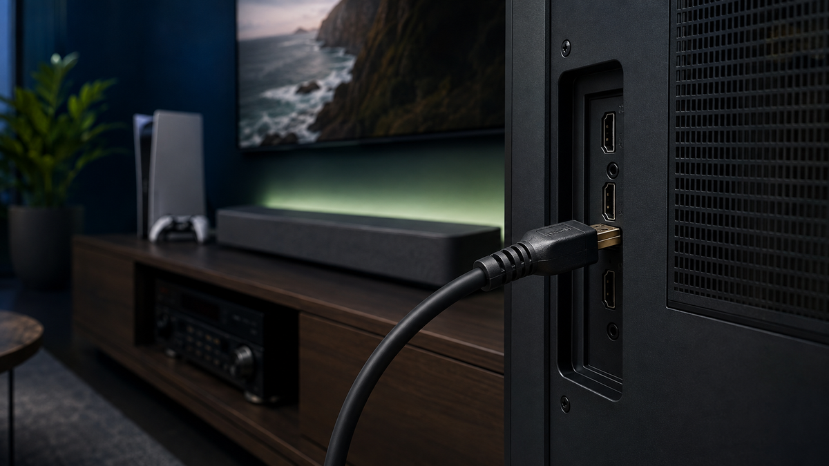 HDMI cable connected to a television beside modern home cinema equipment