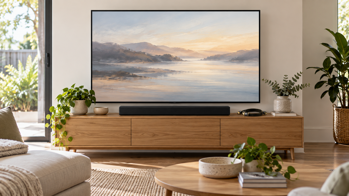 Illustrative Australian living room with a television, soundbar and HDMI cable on a timber console