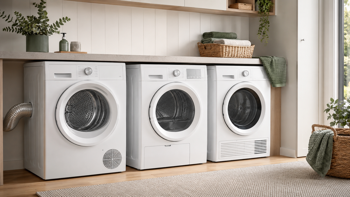 Vented, condenser and heat-pump clothes dryers displayed side by side in a modern Australian laundry