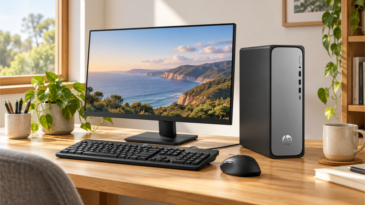 HP OmniDesk Slim S03-0001a desktop beside a monitor, keyboard and mouse on a timber desk in an illustrative home-office scene.