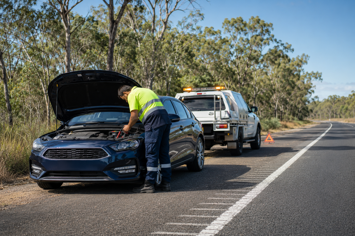 Roadside technician checking a broken-down car beside an Australian regional road