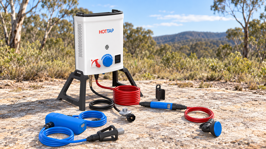 Joolca HOTTAP V2 Outing Kit heater, pump and shower hoses arranged on a stone surface at an outdoor campsite.