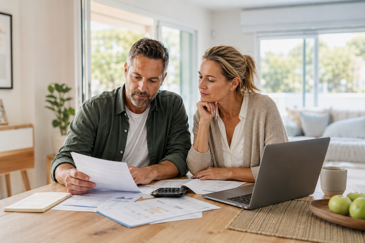 Australian couple reviewing superannuation insurance paperwork at home