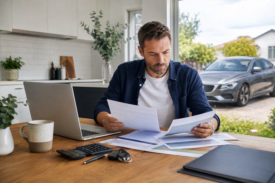 Motorist comparing car insurance policies at home