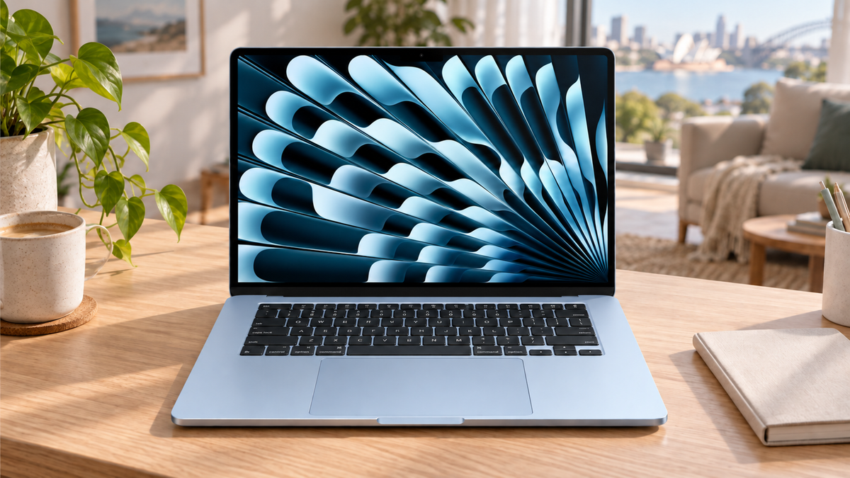 Sky Blue MacBook Air 15-inch M5 on an oak desk in a bright apartment home office.