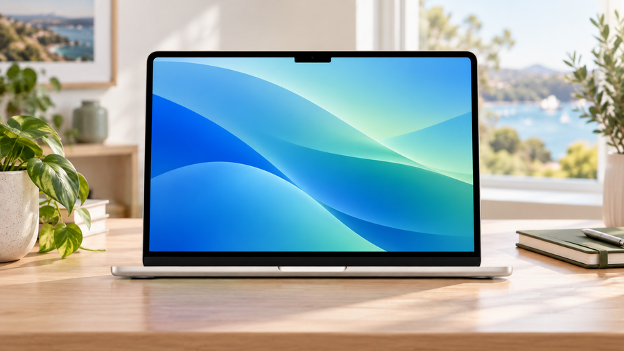 Open MacBook Air M5 on a pale oak desk in a bright home office.