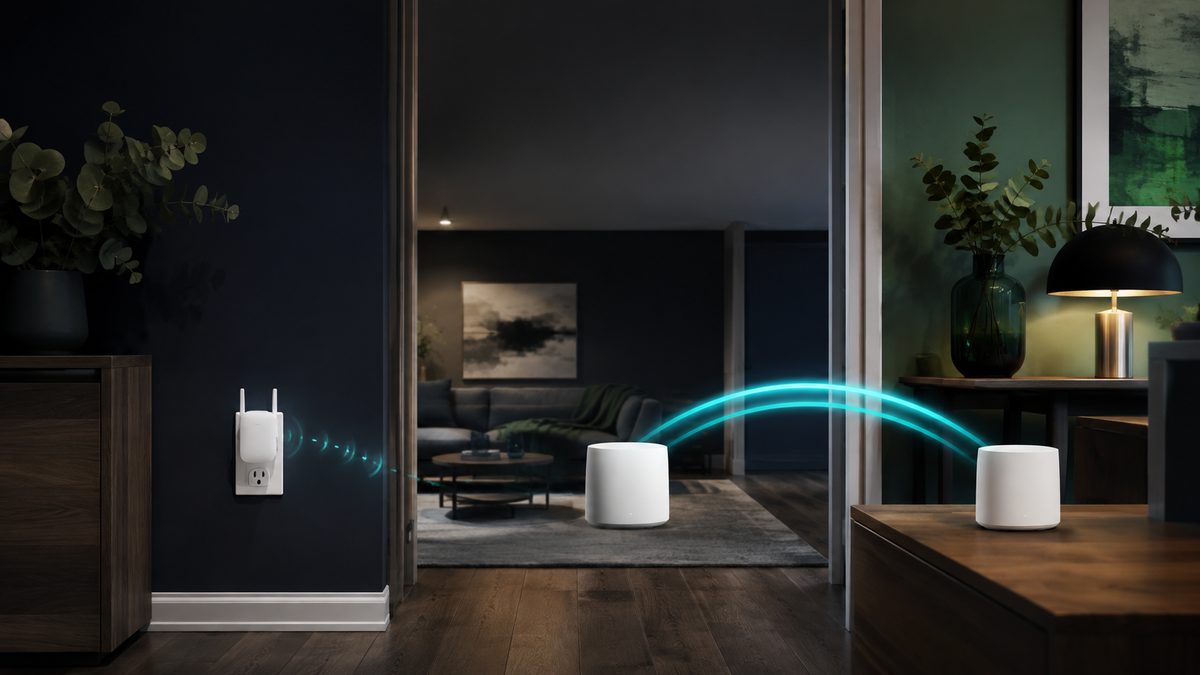 Mesh Wi-Fi nodes compared with a wall-plug Wi-Fi extender in an Australian home