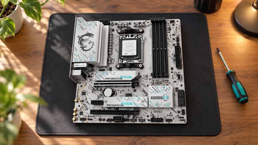 MSI B850M GAMING PLUS WIFI motherboard on a dark mat on a sunlit wooden computer workbench.
