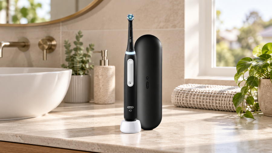 Oral-B iO3 Black toothbrush on its white charging stand beside a black travel case on a bathroom vanity.