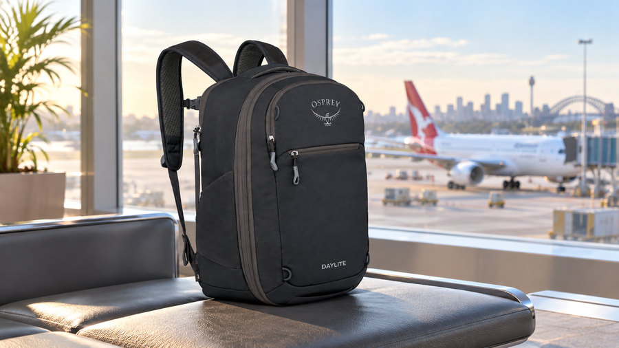 Black Osprey Daylite Expandable Travel Pack 26+6 on an airport lounge bench beside a terminal window.