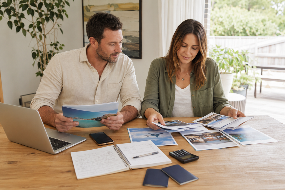 Australian couple comparing package and independent holiday options