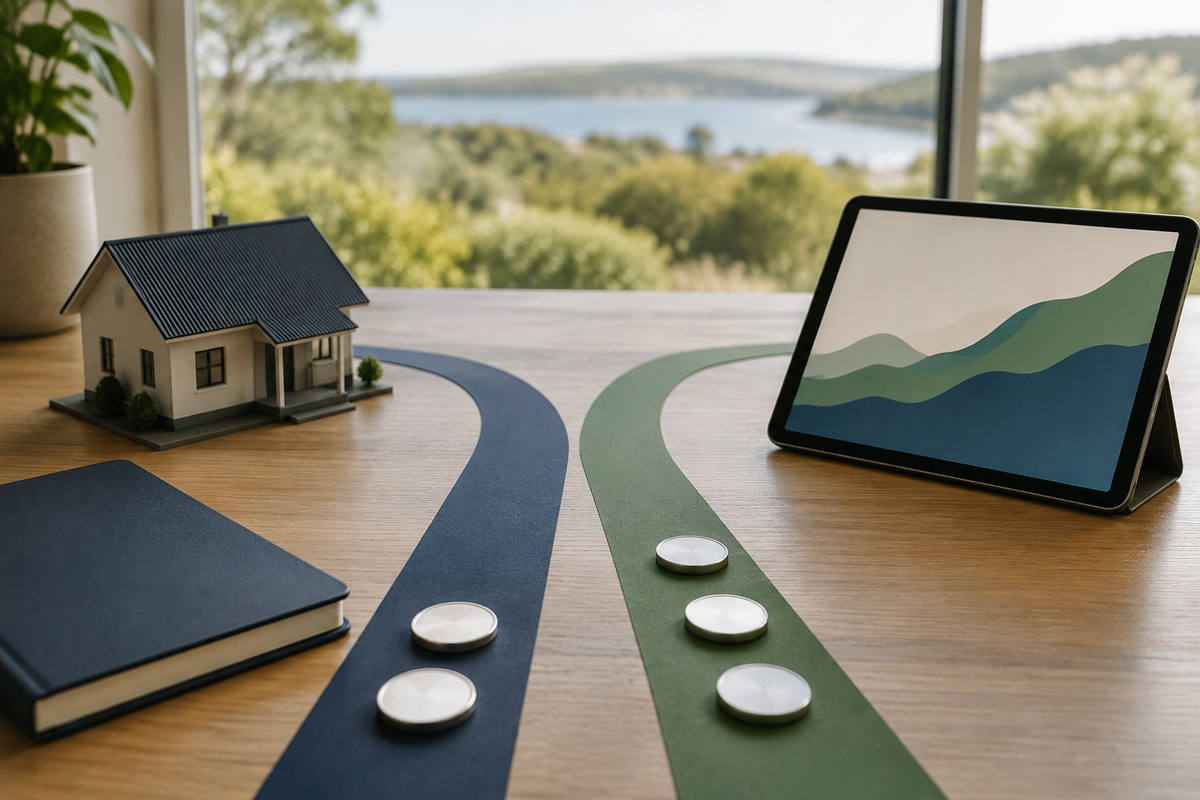 Model house and investment chart beside two diverging financial paths