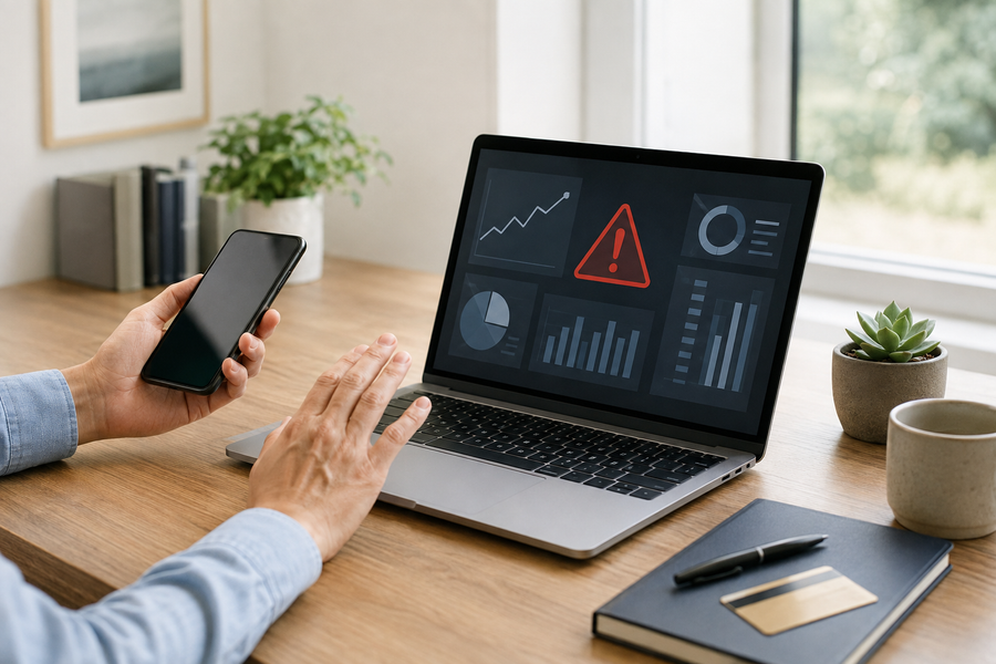 Person pausing at a laptop displaying an investment warning symbol