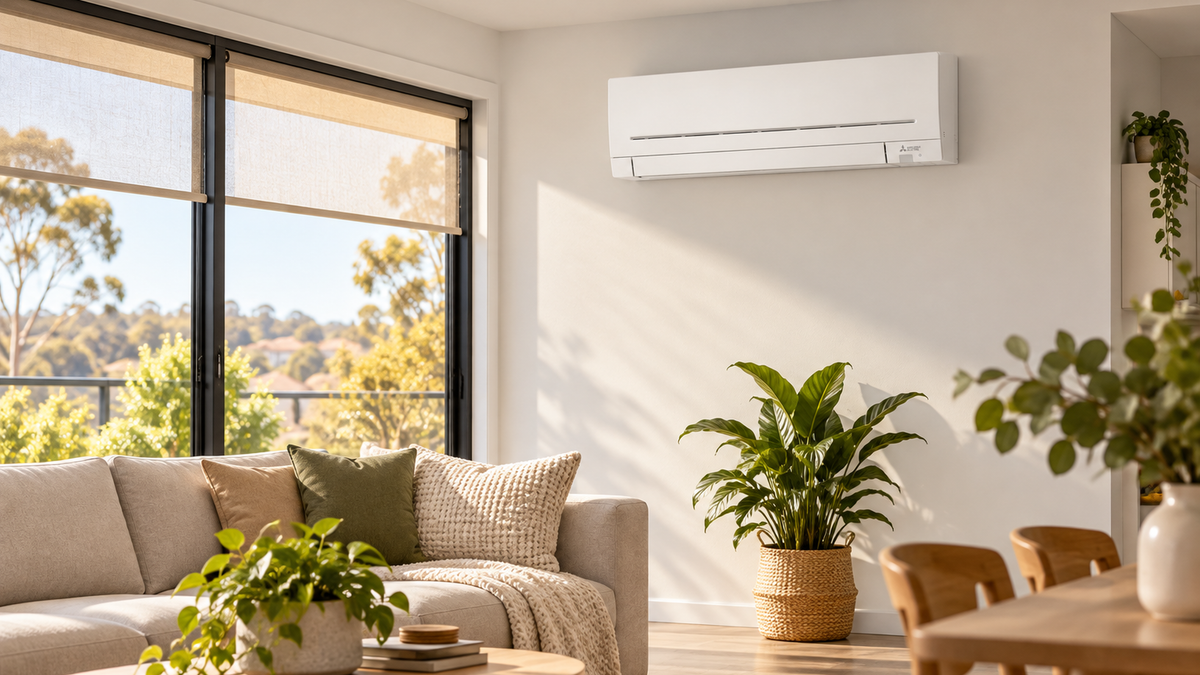 Illustrative Australian living room with a white wall-mounted split-system air conditioner and shaded windows