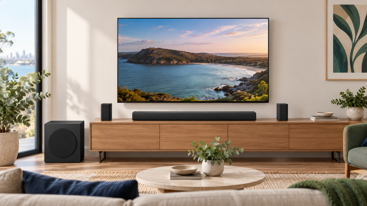 Hisense AX5100Q soundbar system centred beneath a television with its subwoofer on the floor and rear speakers positioned symmetrically