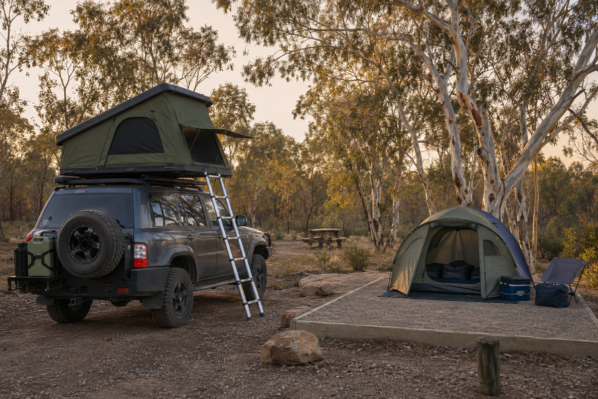 Rooftop tent and ground tent set up at an Australian bush campsite