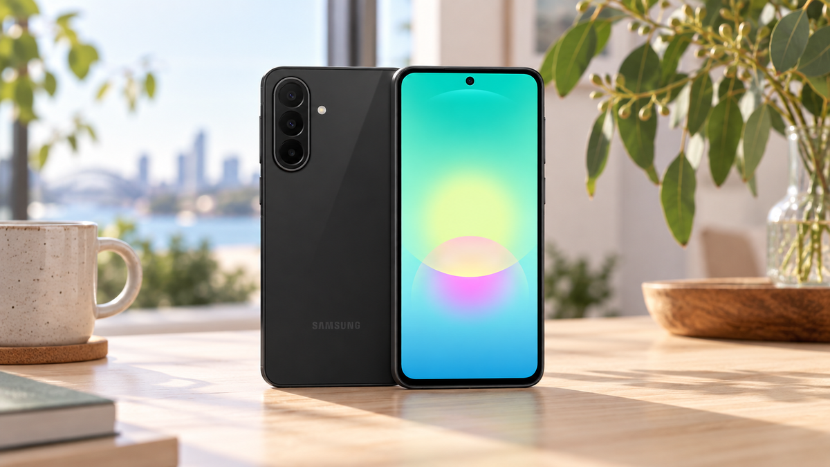 Black Samsung Galaxy A27 5G shown from the front and rear on a timber desk.