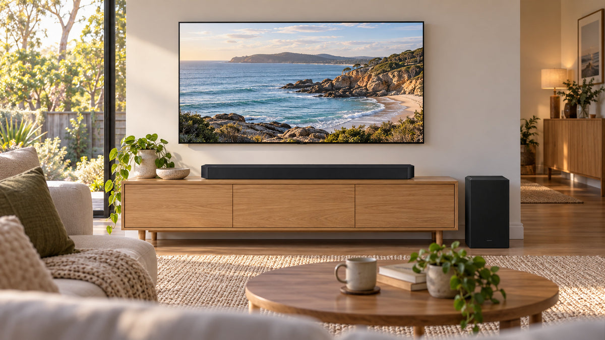 Illustrative Australian lounge with a Samsung HW-Q600F soundbar beneath a wall-mounted TV and its subwoofer beside an oak cabinet.