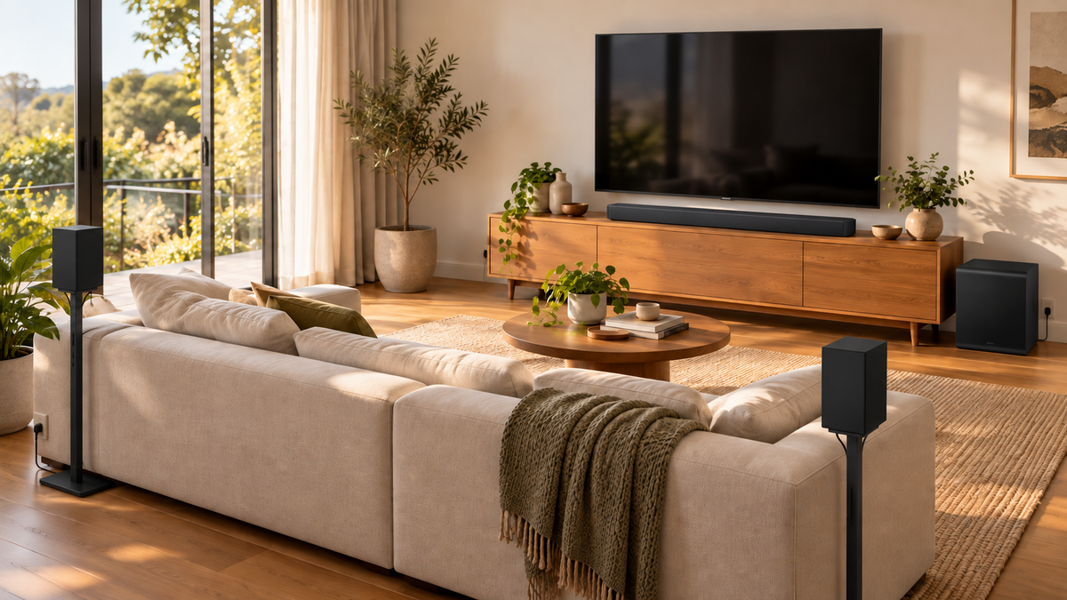 Illustration of a Samsung HW-Q930H soundbar below a television, with a subwoofer and rear speakers positioned around a lounge sofa.