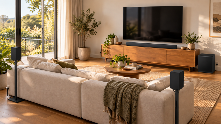Illustration of a Samsung HW-Q930H soundbar below a television, with a subwoofer and rear speakers positioned around a lounge sofa.