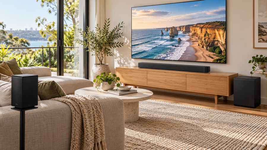 Illustrative lounge scene with a Samsung HW-Q990H soundbar below a television, a subwoofer beside the cabinet and a rear speaker beside the sofa.
