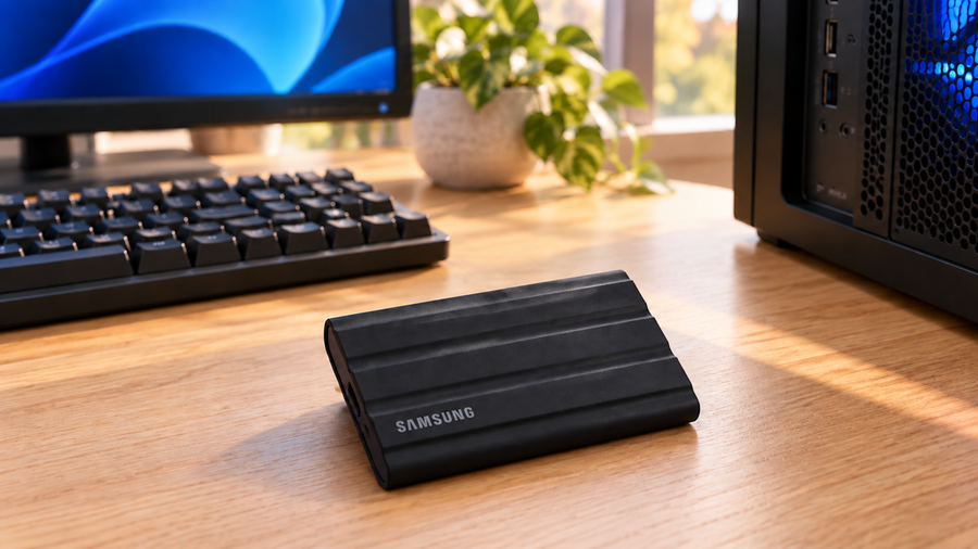 Black Samsung T7 Shield portable SSD on a timber desk beside a desktop PC, keyboard and monitor.