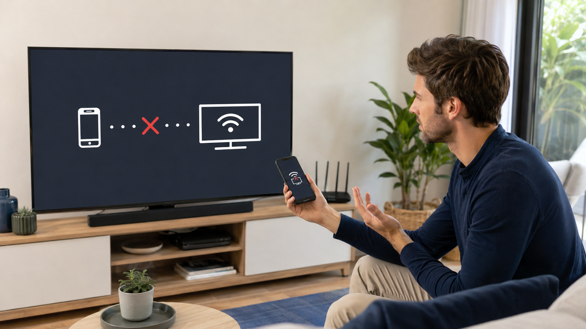 Viewer troubleshooting failed screen mirroring between a smartphone and television