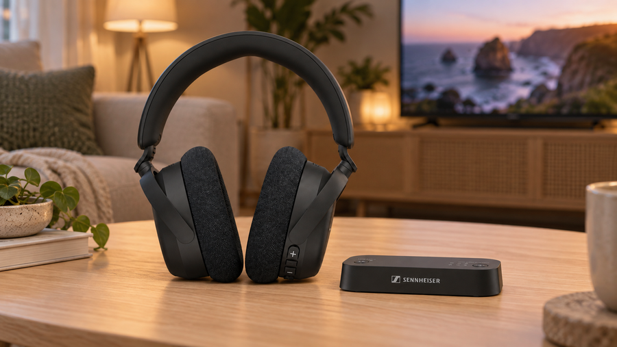 Sennheiser RS 255 headphones and BTA1 transmitter on a coffee table in front of a television.