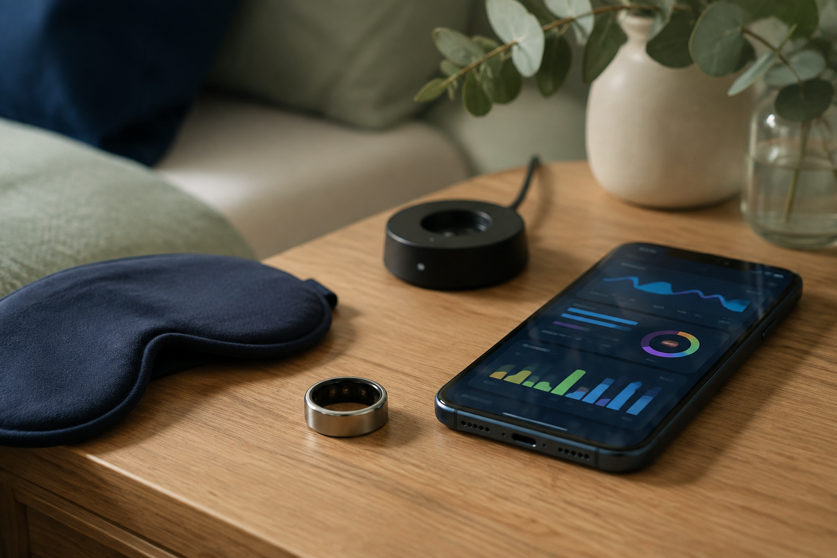Smart ring beside a phone displaying abstract health charts and a sleep mask