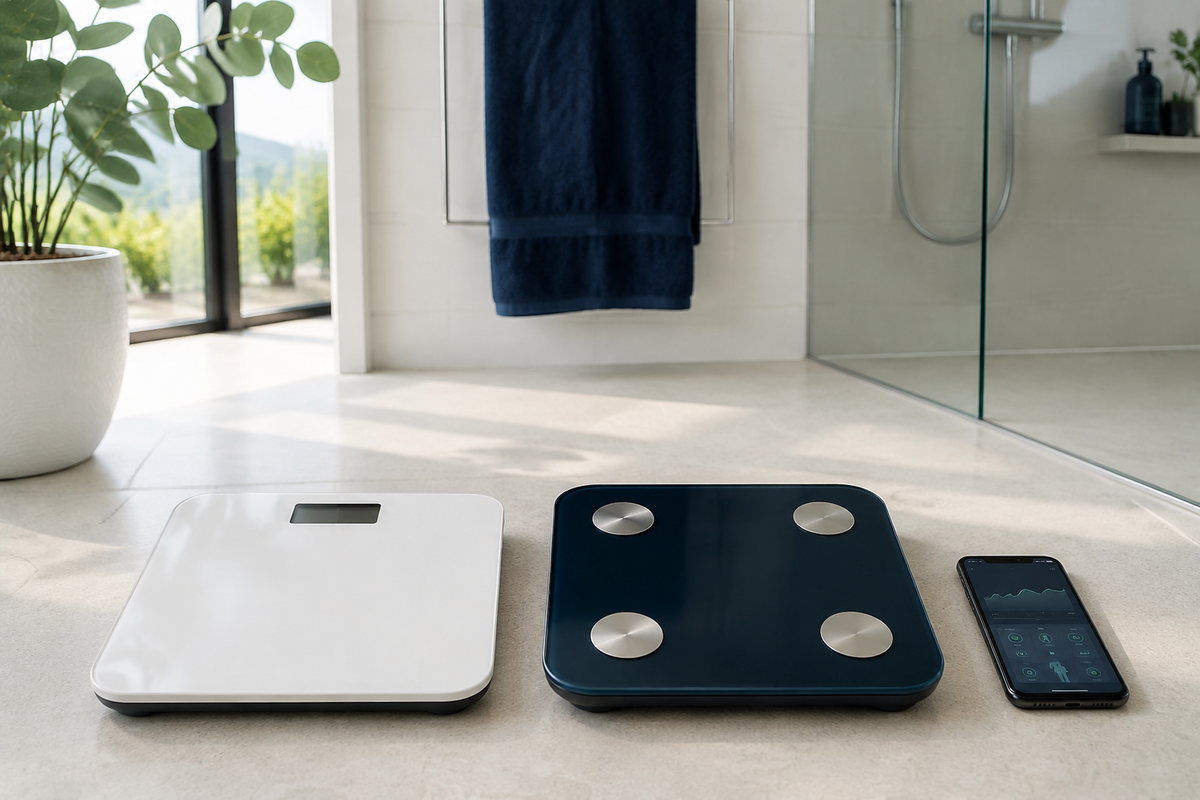 Regular digital scale and smart body-composition scale displayed beside a smartphone