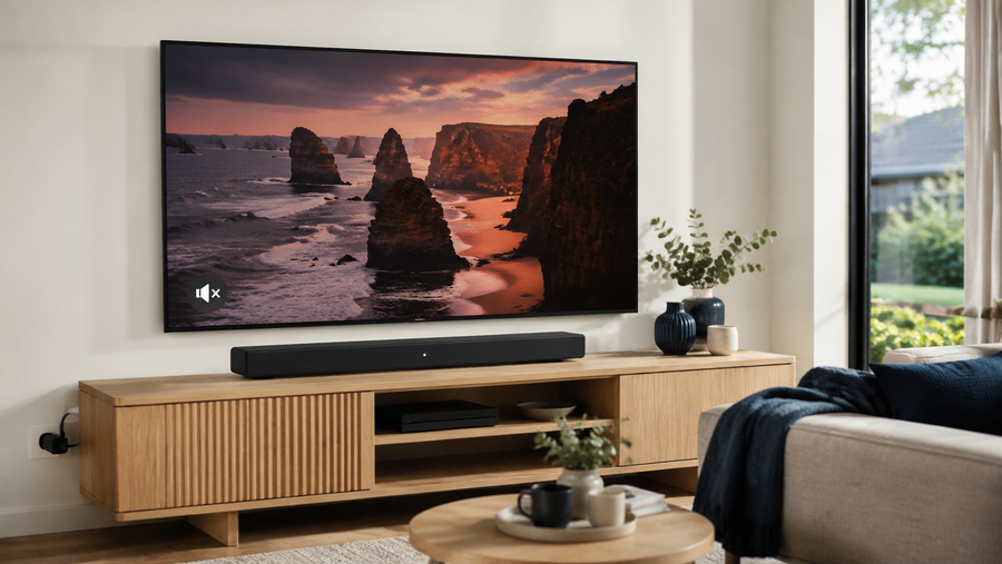 Soundbar beneath a television showing a muted-speaker symbol