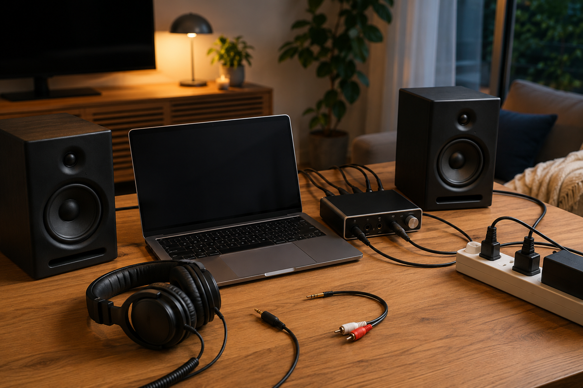 Speakers and wired headphones arranged for audio hum troubleshooting