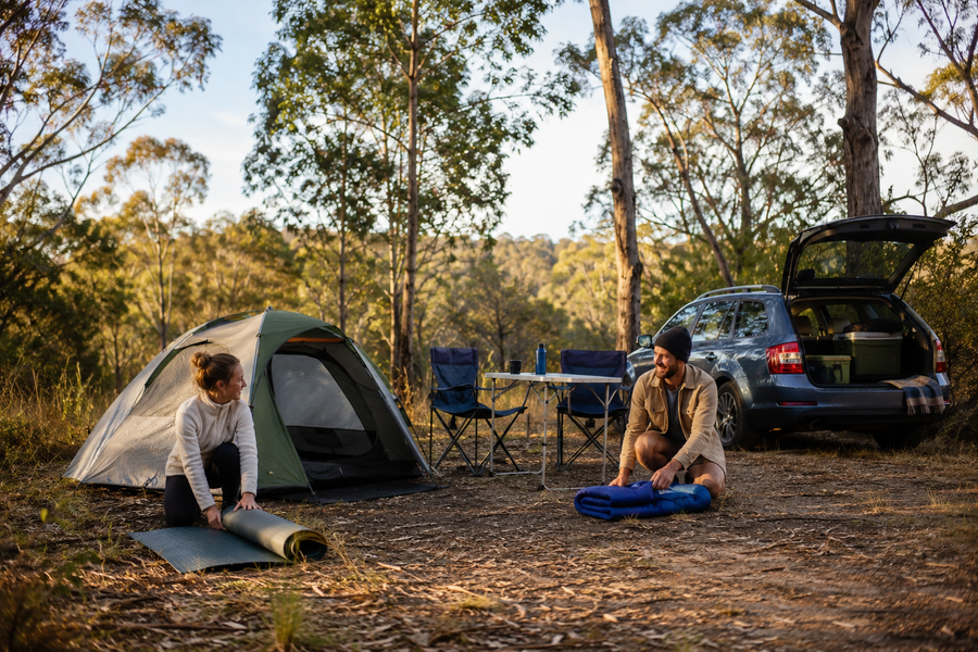 Beginner campers setting up an affordable tent and sleeping gear in the Australian bush